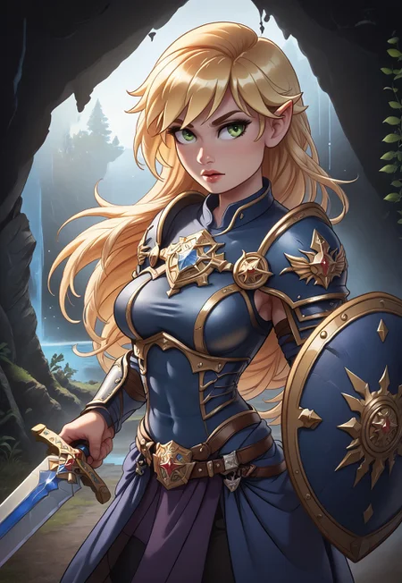 safe_pos, score_9, score_8_up, score_7_up, 1girl, woman, solo.
(A solitary knight in gleaming armor, standing guard at the entrance of a hidden cave, with a glowing sword held firmly in hand. Green eyes, long blonde hair, front bangs, fit figure:1.85)
((((big sword and iron shield in hands)))
<lora:add-detail-xl:1> <lora:Expressive_H:0.6>Expressiveh, (SimplepositiveXLv1:1.3), (((upper body, full clothed)))
((masterpiece))
(ultra realistic, 32k, masterpiece:1.2), (high detailed skin:1.1), (high quality:1.1)
(((full clothed)))
<lora:DandonFuga_Style_v.2_-_Pony:0.8>
(8k uhd:1,4)
<lora:add-detail-xl:1>
<lora:Dynamic Poses:1>