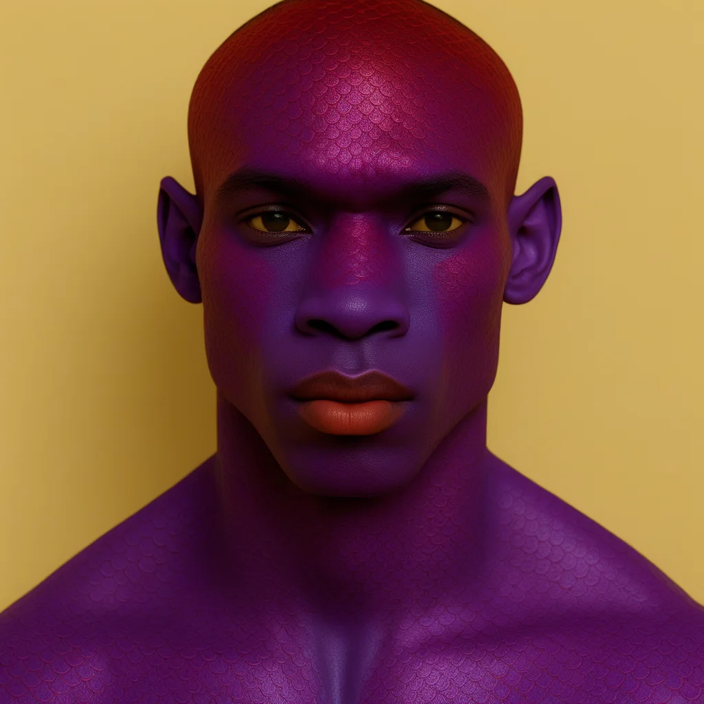 golden scales, red theme, colored skin, dark-skinned male, yellow background, closed eyes, grey skin, pointy ears, green eyes, red skin, tongue, blue-violet scales, CDM_R_S_T_F
