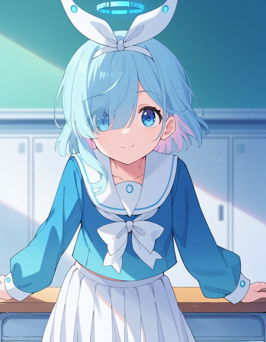 score_9, score_8_up, score_7_up, source_anime, <lora:bluearchive-arona-s1-ponyxl-lora-nochekaiser:1>, arona, blue eyes, blue hair, hair over one eye, bangs, halo, mechanical halo,, long sleeves, ribbon, school uniform, serafuku, skirt, white skirt,, indoors, bent over, smile,, looking at viewer, solo, cowboy shot, dutch angle