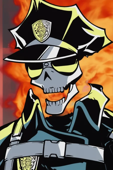 anime screencap, rating safe, Inferno Cop, upper body <lora:Uchuu_Patrol_Luluco-Inferno_Cop-PDXL:0.8>