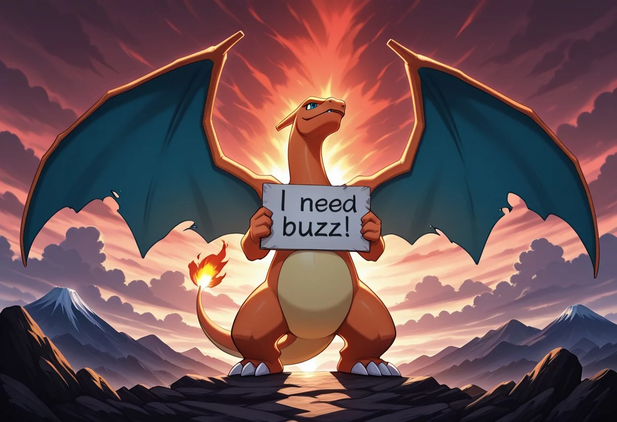 ((masterpiece, best quality, highly detailed, 8k,)) Charizard holding a sign, pokemon, stormy clouds, fire, volcano dramatic red lighting, need_buzz, holding sign