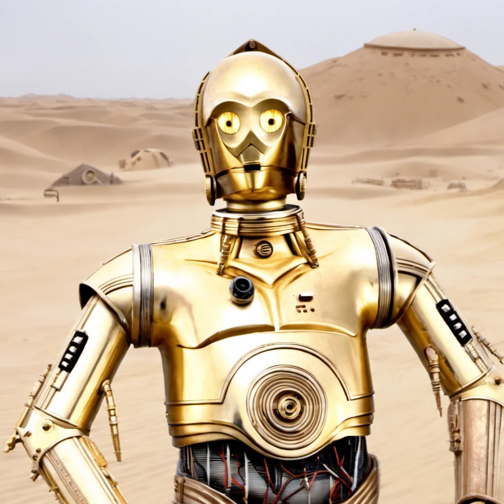 (c3po) on tatooine, <lora:c3po:1>