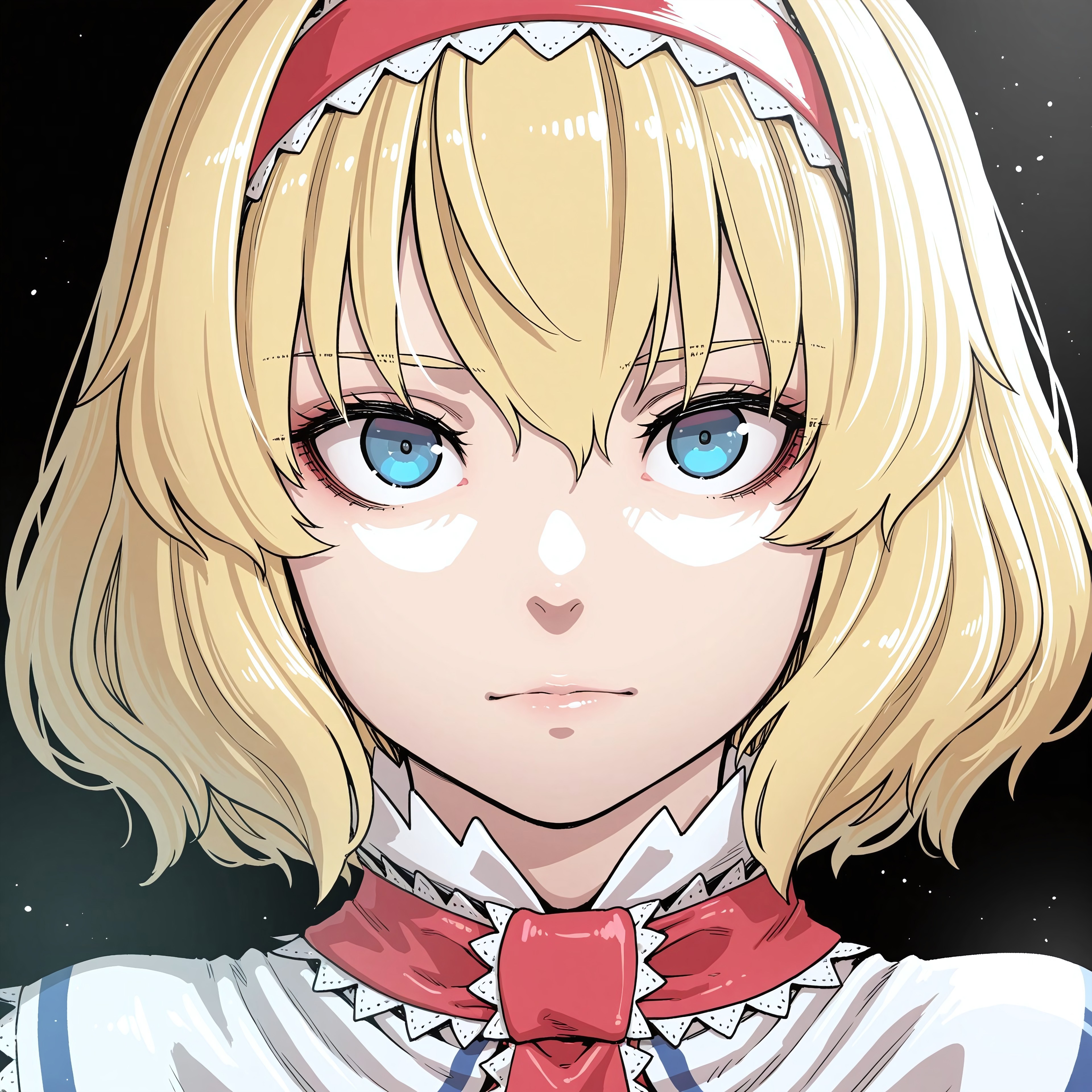 best quality, absurdres, (kumiyabe:0.7), (ratatatat74, fuuzasa:0.4), (kawayabug:0.8), (hater (hatater):0.3), (starraisins:0.5), BREAK, (solo), 1girl, alice margatroid, blue eyes, simple background, black background, portrait, looking at viewer