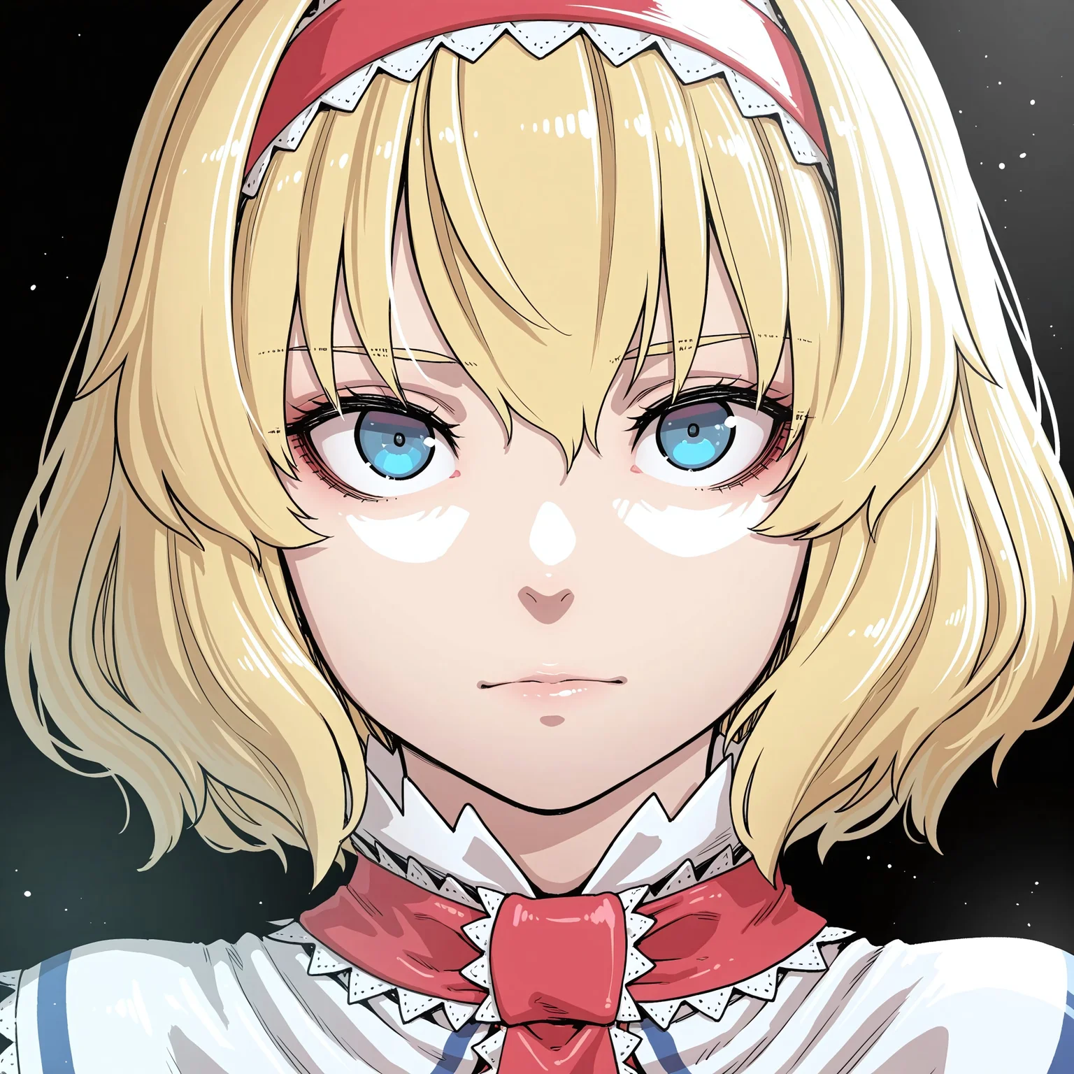 best quality, absurdres, (kumiyabe:0.7), (ratatatat74, fuuzasa:0.4), (kawayabug:0.8), (hater (hatater):0.3), (starraisins:0.5), BREAK, (solo), 1girl, alice margatroid, blue eyes, simple background, black background, portrait, looking at viewer