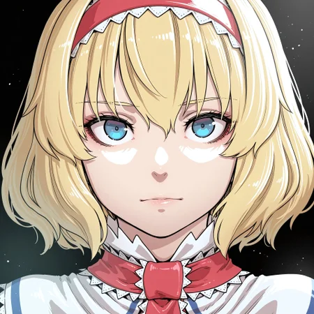 best quality, absurdres, (kumiyabe:0.7), (ratatatat74, fuuzasa:0.4), (kawayabug:0.8), (hater (hatater):0.3), (starraisins:0.5), BREAK, (solo), 1girl, alice margatroid, blue eyes, simple background, black background, portrait, looking at viewer