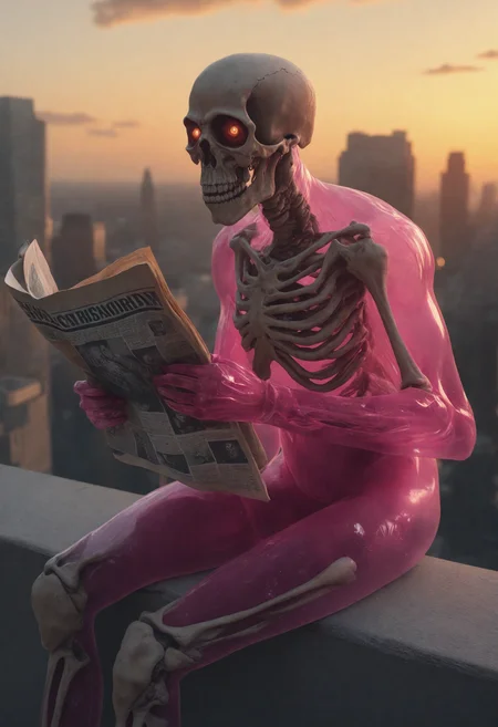 masterpiece, photorealistic,good quality, best quality, very awa, very as2, absurdres, highres,blobherman, monster, floating big eyes:1.2, skeleton, pink jelly, solo, see-through body, sitting on a wall, city, holding a newspaper, muscular, orange sky