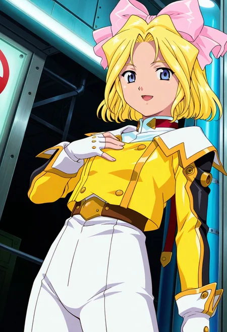 detailed eyes, beautiful, detailed background, perfect eyes,
source_anime, very aesthetic, anime coloring, masterpiece, official art,
<lora:HandFineTuning_XL:1>
BREAK,
factory, sci-fi,
cowboy shot, looking at viewer, dynamic angle,
open smile, from below, looking at viewer, flat chest, small female,
hand on chest,
BREAK,
<lora:iris_illustrious_v01:0.9>
irisSuit, blonde hair, blue eyes, hair bow, pink bow, short hair, parted bangs, yellow jacket, belt, high-waist pants, white pants, fingerless gloves, white shirt,
