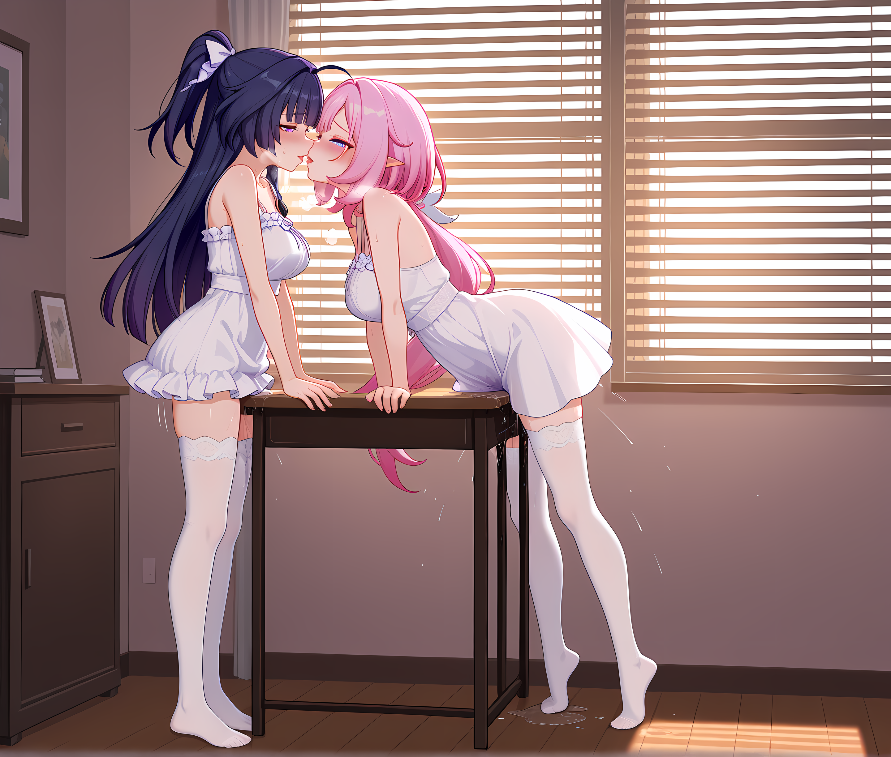 2girls,facing another,looking at another,leaning forward,raiden mei,sundress,watching BREAK <lora:Table_Masturbation:0.9>,tablegrind,table,cute,sexy,pussy juice,pussy juice puddle,pussy juice trail,sweat,full body,no shoes,thighhighs,fingernails,moaning,heavy breathing,blush,half-closed eyes,light smile,parted lips,standing,elysia \(honkai impact\),bedroom,desk,lingerie,window,window blinds,french kiss,, masterpiece,best quality,amazing quality, very aesthetic, absurdres,detailed eyes,ultra-detailed,