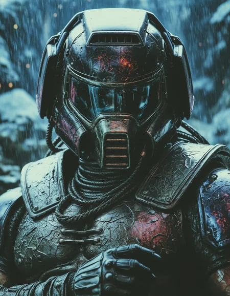 Generate a hyper-realistic, high-detail portrait of a strong muscular doomguy, set hellish setting. The central figure is adorned with a technologically advanced helmet featuring multiple mechanical elements and exposed circuitry, seamlessly integrated with doomguy human features. The helmet is chrome, transparent visors, and intricate wires, sensors, and cables running through it. The doomguy expression is angry and intense. There are visible mechanical implants embedded in doomguy skin, blending organic and artificial textures. The futuristic outfit he wears is illuminated by neon green lights, and the fabric contains complex digital patterns, creating a strong sci-fi aesthetic. Retro Sci-Fi Film Screengrab. <lora:Classic_Doomguy_for_Flux:0.8> <lora:80sFantasyMovie2:0.9> ArsMovieStill, 80s Fantasy Movie Still