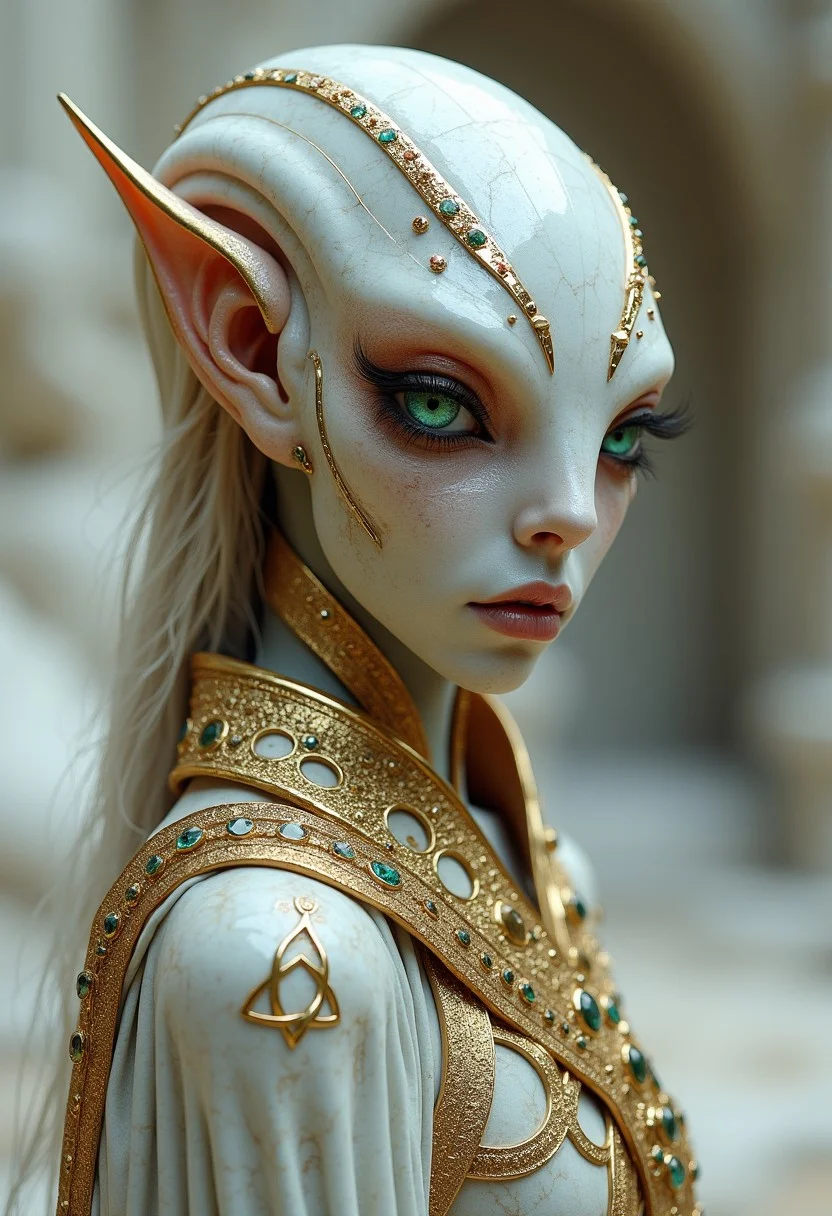 Professional photo, turned slightly away, the style of dark white and light bronze, gold filigree, fierce alien priest on an alien planet, adorned with garnet and bloodstone gemstones, standing in ancient white marble temple, by Brian Froud and Heather Theurer, extremely detailed head and face, very realistic and symmetrical eyes, emerald green eyes, (eye contact with viewer), hyper detailed, hyper quality, artstation award winner, Epic realism, meticulous masterpiece,
