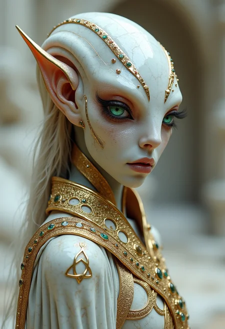 Professional photo, turned slightly away, the style of dark white and light bronze, gold filigree, fierce alien priest on an alien planet, adorned with garnet and bloodstone gemstones, standing in ancient white marble temple, by Brian Froud and Heather Theurer, extremely detailed head and face, very realistic and symmetrical eyes, emerald green eyes, (eye contact with viewer), hyper detailed, hyper quality, artstation award winner, Epic realism, meticulous masterpiece,