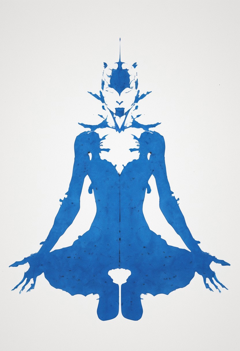 A rorschach-test resembling seducing ergo proxy, Cleavage, skintight bodysuit, symmetrical, charming, dark blue/black/White translucent ink splashes