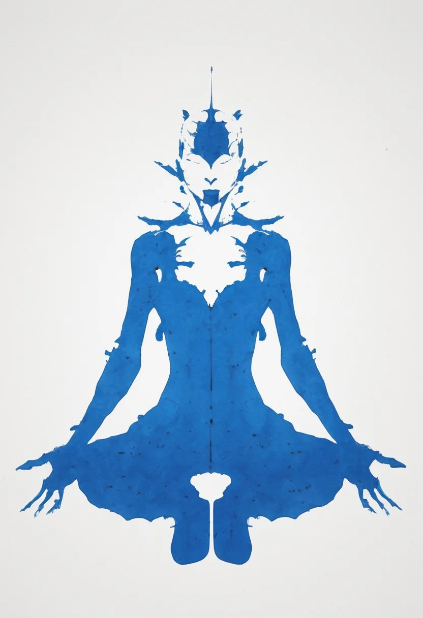 A rorschach-test resembling seducing ergo proxy, Cleavage, skintight bodysuit, symmetrical, charming, dark blue/black/White translucent ink splashes