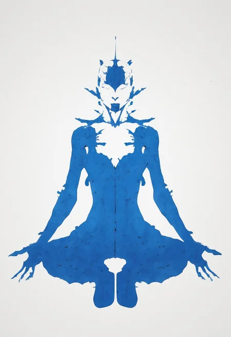 A rorschach-test resembling seducing ergo proxy, Cleavage, skintight bodysuit, symmetrical, charming, dark blue/black/White translucent ink splashes