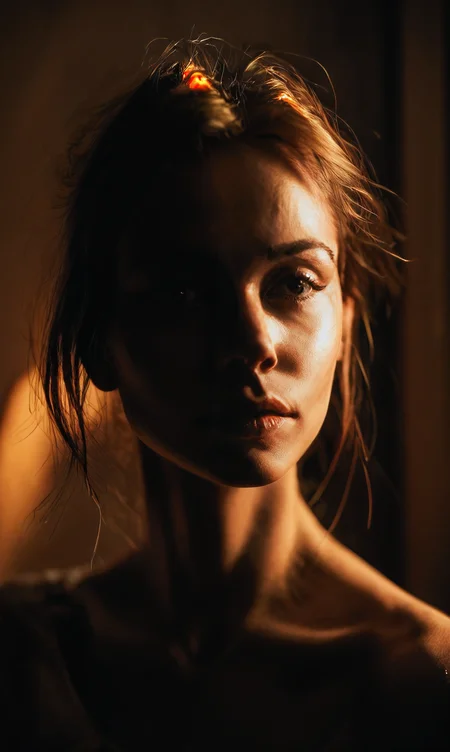 score_9, score_8_up, score_7_up, score_6_up, photo <lora:DRKDL:0.9> DRKDL, low key, dramatic lighting, dark theme, 1girl, looks like Jaynexl4, solo, realistic, portrait, looking at viewer, orange glow