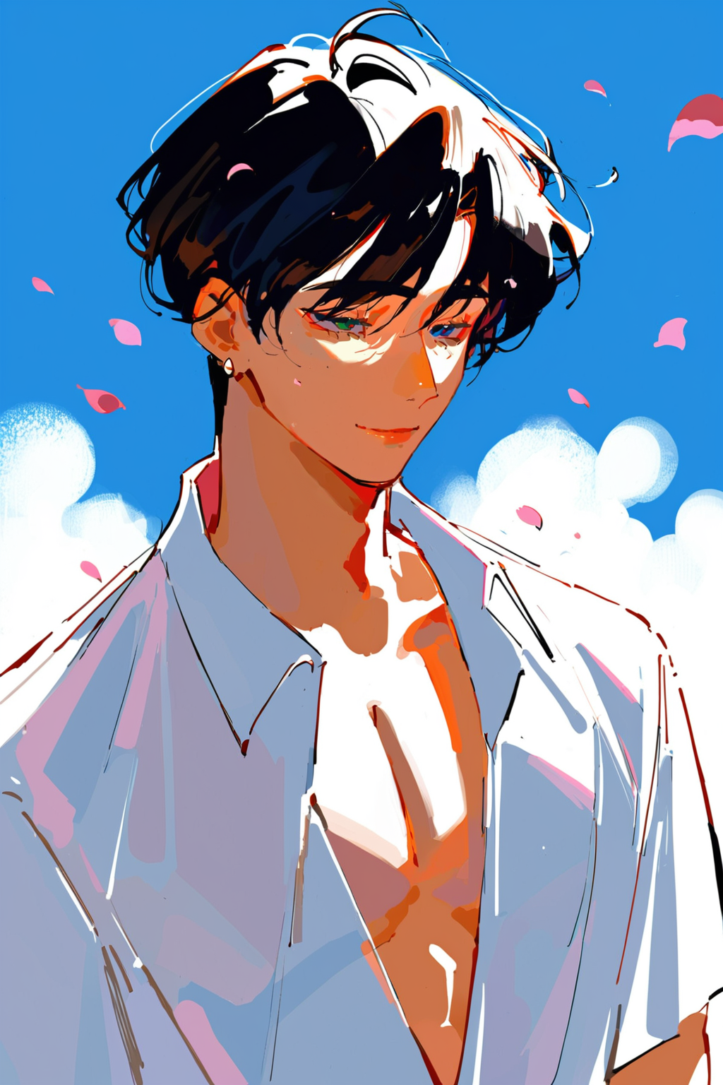 (1guy:1.1), cleavage, black hair, white shirt, sakura petals, the cold, , (score_9,score_8_up,score_7_up),  <lora:sketchstyle:0.9>, (imbasketchstyle, abstraction, lines:1.2), sketch style, (paint style:0.8)
