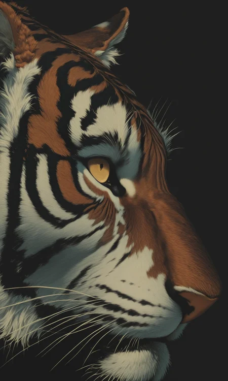 profile photograph of a Bengal tiger's face showcasing its detailed fur patterns. dramatic, shadows.dark atmospheric<lora:- iLL -PdJ_highres_counterweight_V1.0-step00004500:.8> <lora:Illustrious:0.4> <lora:HyperdetailedColoredPencilIl:0.8>