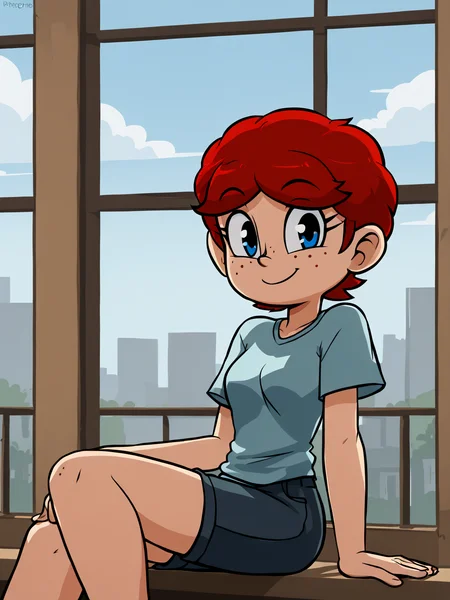 score_9, score_8_up, score_7_up,  score_6_up, BREAK, N1ch0le,  1girl, solo, short hair, blue eyes, red hair, freckles, window, window sill, sits on the ledge, clings, smile, looking at viewer  <lora:Nichole-000010:1>