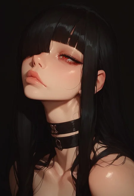 (score_9, score_8_up, score_7_up), 1girl, 20 years old, black hair, slim, straight hair, blunt bangs, hair over one eye, long hair, red eyes, choker, (bored eyes:0.9), scornful look, face, neck, portrait, close up, extreme closeup, black background,