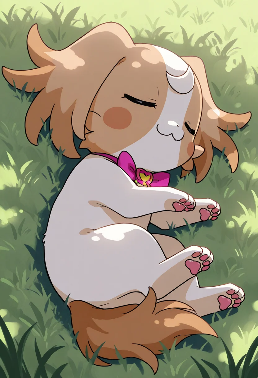 best quality, masterpiece, very aesthetic, dogkomugi, no humans, solo, :3, bowtie, dog, bow, furry, feral, grass, laying, closed eyes, sleeping,