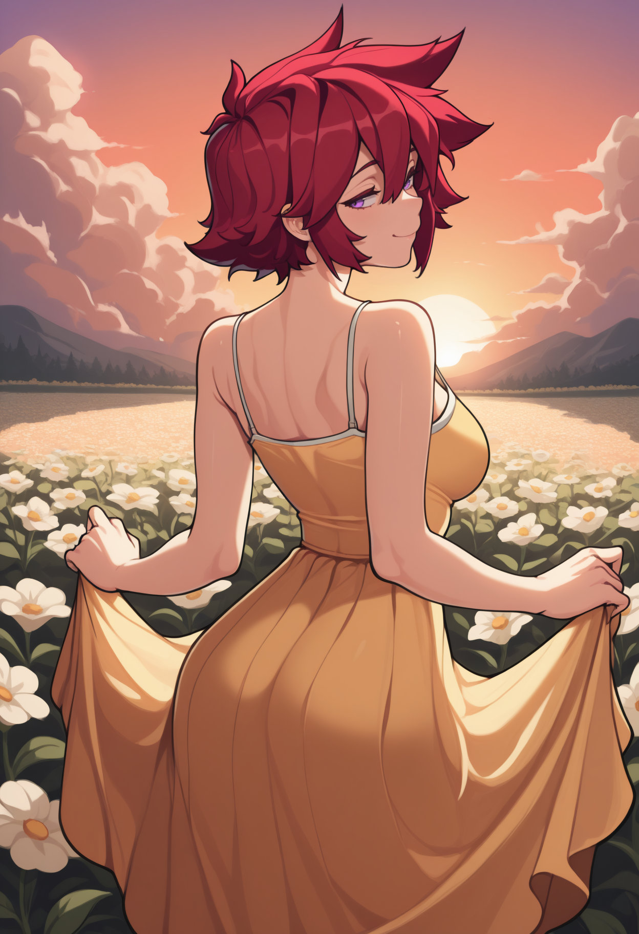 masterpiece, best quality, newest, from behind, solo, 1girl, j0na, smile, looking back, skirt hold, short hair, red hair, spiked hair, hair between eyes, purple eyes, yellow sundress, spaghetti strap, bare shoulders, outdoors, sunset, cloud, flower field
<segment:yolo-Anzhc Face seg 640 v2 y8n.pt,0.4,1//cid=11>