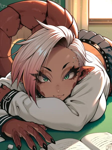 <lora:happy_tentacle-riza-v0.1-000036:1>, ht_riza, tail, ear piercing, earrings, belt collar, school uniform, indoors , 1girl, solo, portrait , , (:P :1.1), , looking at viewer , lying , facing viewer , score_9, score_8_up, score_7_up, score_6_up, score_5_up, score_4_up