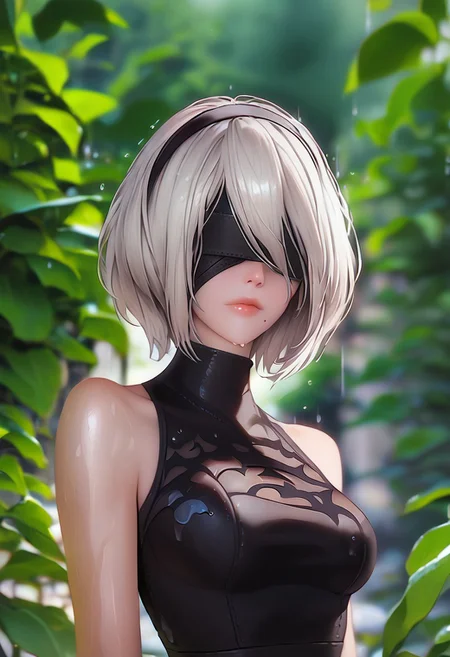 score_9, score_8_up, score_7_up, 1girl, solo, breasts, short hair, dress, bare shoulders, medium breasts, closed mouth, upper body, white hair, hairband, sleeveless, mole, blurry, black dress, lips, wet, depth of field, blurry background, turtleneck, phone, cellphone, black hairband, wet clothes, mole under mouth, facing viewer, smartphone, rain, water drop, blindfold, wet hair, covered eyes, black blindfold, yorha no. 2 type b