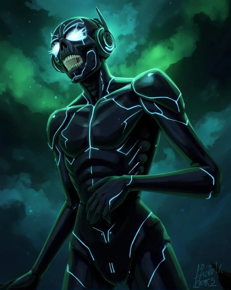 <lora:ck-LttleGhost-000011.safetensors:1> in the style of ck-lttlegh0stA cybernetic abomination rises from the void, its black, polished skeleton clad in dark metallic armor with glowing blue lines. The skull is framed by a helmet with blazing white visors and oversized, pulsing headphones, radiating an aura of mechanistic terror amidst a backdrop of swirling green and blue hues.