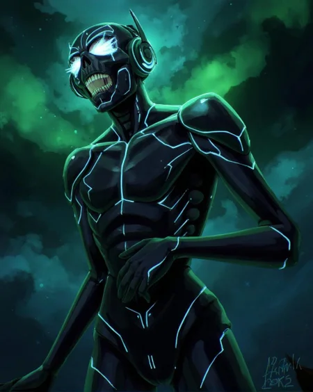 <lora:ck-LttleGhost-000011.safetensors:1> in the style of ck-lttlegh0stA cybernetic abomination rises from the void, its black, polished skeleton clad in dark metallic armor with glowing blue lines. The skull is framed by a helmet with blazing white visors and oversized, pulsing headphones, radiating an aura of mechanistic terror amidst a backdrop of swirling green and blue hues.