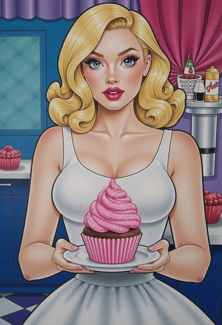 surreal colorful digital illustration of a stylized blonde pin-up model with vibrant red-pink lipstick and big eyes, presenting a glowing neon pink cupcake on a platter. The cupcake is sparkling with glitter and shimmering particles. 50s vintage diner kitchen background. Her piercing blue eyes are demanding the viewer to try the suspiciously luminescent cake, or else... <lora:flux_hud_SugarSpritz_Pinup_Style>