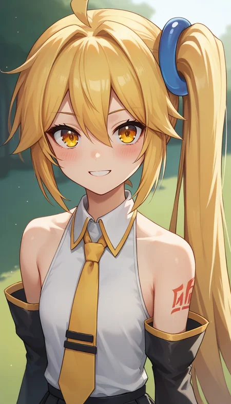 score_9,score_8_up,masterpiece,best quality,correct anatomy,anime_source,1girl,solo,alone,perfect eyes,perfect arms,perfect legs,perfect face,outdoors,upper body,(portrait:1.5),looking at viewer,facing viewer,smile,blush,Akita Neru,ahoge,absurdly long hair,blonde hair,side ponytail,hair ornament,sidelocks,hair between eyes,parted bangs,yellow eyes,white shirt,collared shirt,bare shoulders,sleeveless shirt,yellow necktie,detached sleeves,black sleeves,shoulder tattoo,fringe,miniskirt,black skirt,pleated skirt,zettai ryouiki,black thighhighs,thigh boots,<lora:Akita Neru(voc)-Pony:1.4>,