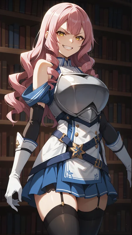 score_9,score_8_up,score_7_up,score_6_up, <lora:xl_more_art-full_v1:0.5>, source_anime, girl, dynamic pose, standing in an s-shape, <lora:Memil Vlerick - Pony-000004:0.8>, long hair, pink hair, drill hair, yellow eyes, white shirt, blue shirt, multicolored shirt, steel breastplate, blue miniskirt, white gloves, black elbow gloves, garter straps, bare shoulders, white belt, blue belt, black thighhighs, evil grin, library,