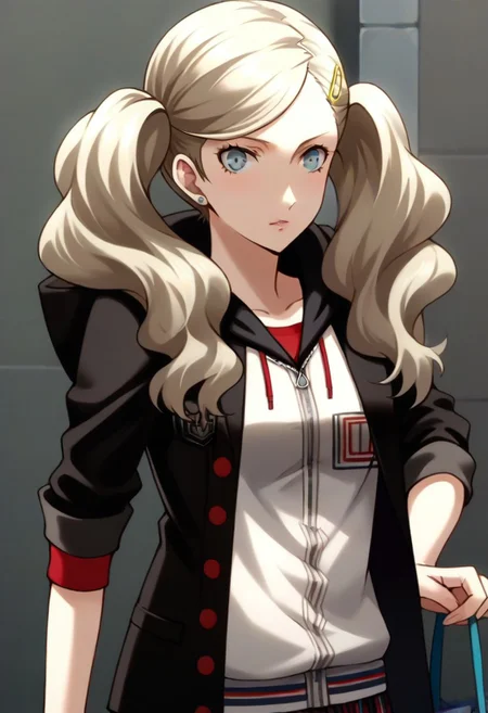 (source_anime), 1 girl, solo, nsfw, cute face, p5ann, twintails, long hair, takamaki anne, blonde hair, hairclip, skirt, uniform, jacket, open clothes, hairclip, hood, miniskirt, sweater, open jacket, black jacket, hoodie,hood down, white sweater, red pantyhose, hooded cardigan, uniform,