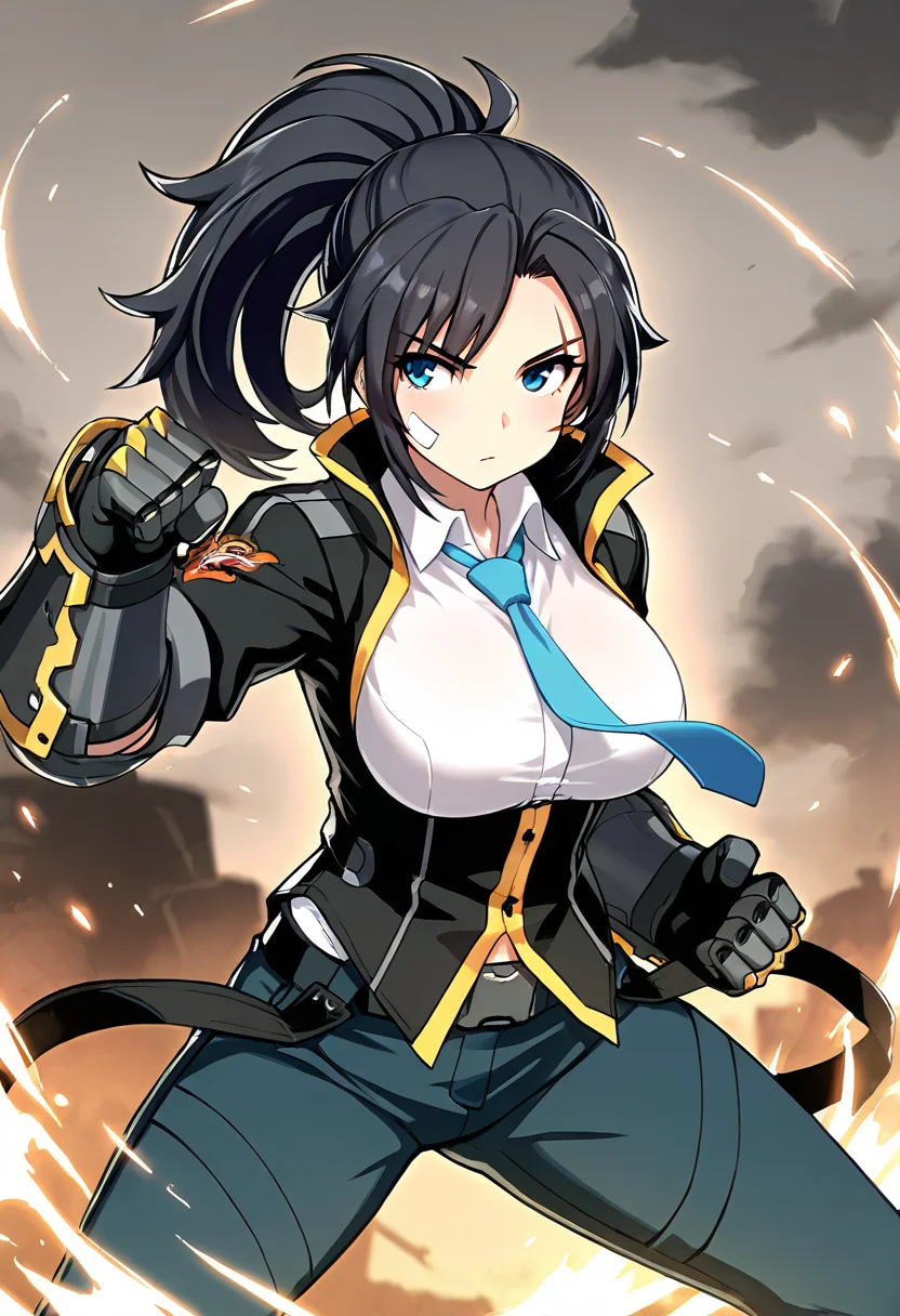 <lora:jinsepatus_IXL:0.7> 1girl,jinsepatsu,black hair,scar,bandaid on face, ponytail, front view,white shirt,blue necktie, jinclassicoutfit,black jacket,blue pants,belt,large breasts
,fighting stance,gauntlets
,best quality,masterpiece