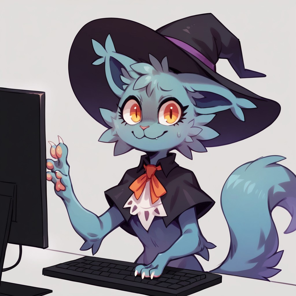 score_9, score_8_up, score_7_up, rating_safe, , <lora:Gaming_Gloom:1>, score_9, score_8_up, score_8, score_7, source_cartoon, source_furry, perfect hands, Solo, 1girl, semi-anthro, cat, catgirl, furry female, grey fur, fluffy fur, fluffy tail, long tail, chest fluff, amber eyes, digigrade feet, sharp claws, no clothes, witch hat, looking at viewer sweatdrop, keyboard \(computer\), monitor, closed mouth, simple background, computer, mouse \(computer\), smile, grey background, upper body,