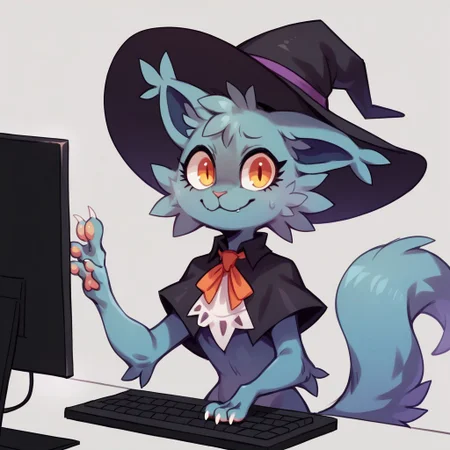 score_9, score_8_up, score_7_up, rating_safe, , <lora:Gaming_Gloom:1>, score_9, score_8_up, score_8, score_7, source_cartoon, source_furry, perfect hands, Solo, 1girl, semi-anthro, cat, catgirl, furry female, grey fur, fluffy fur, fluffy tail, long tail, chest fluff, amber eyes, digigrade feet, sharp claws, no clothes, witch hat, looking at viewer sweatdrop, keyboard \(computer\), monitor, closed mouth, simple background, computer, mouse \(computer\), smile, grey background, upper body,