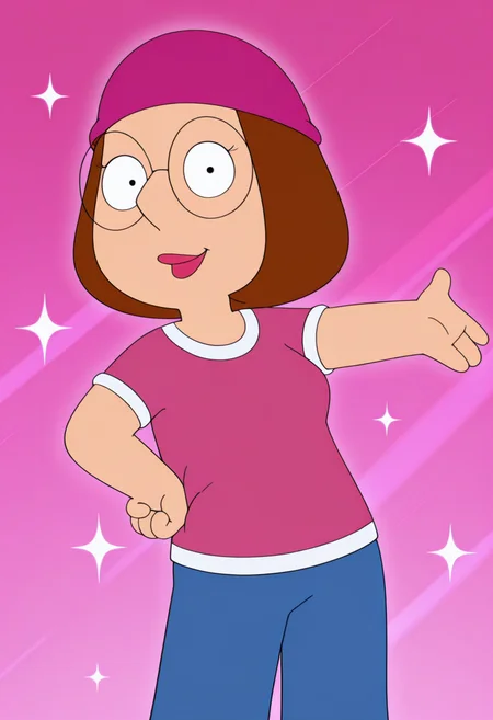 masterpiece, best quality, amazing quality, m3ggf, 1girl, brown hair, glasses, pink beanie, pink t-shirt, blue pants, outstretched arm, hand on hip, smile, looking at viewer, cowboy shot, pink background, (colorful sparkles background, light rays:0.7),
