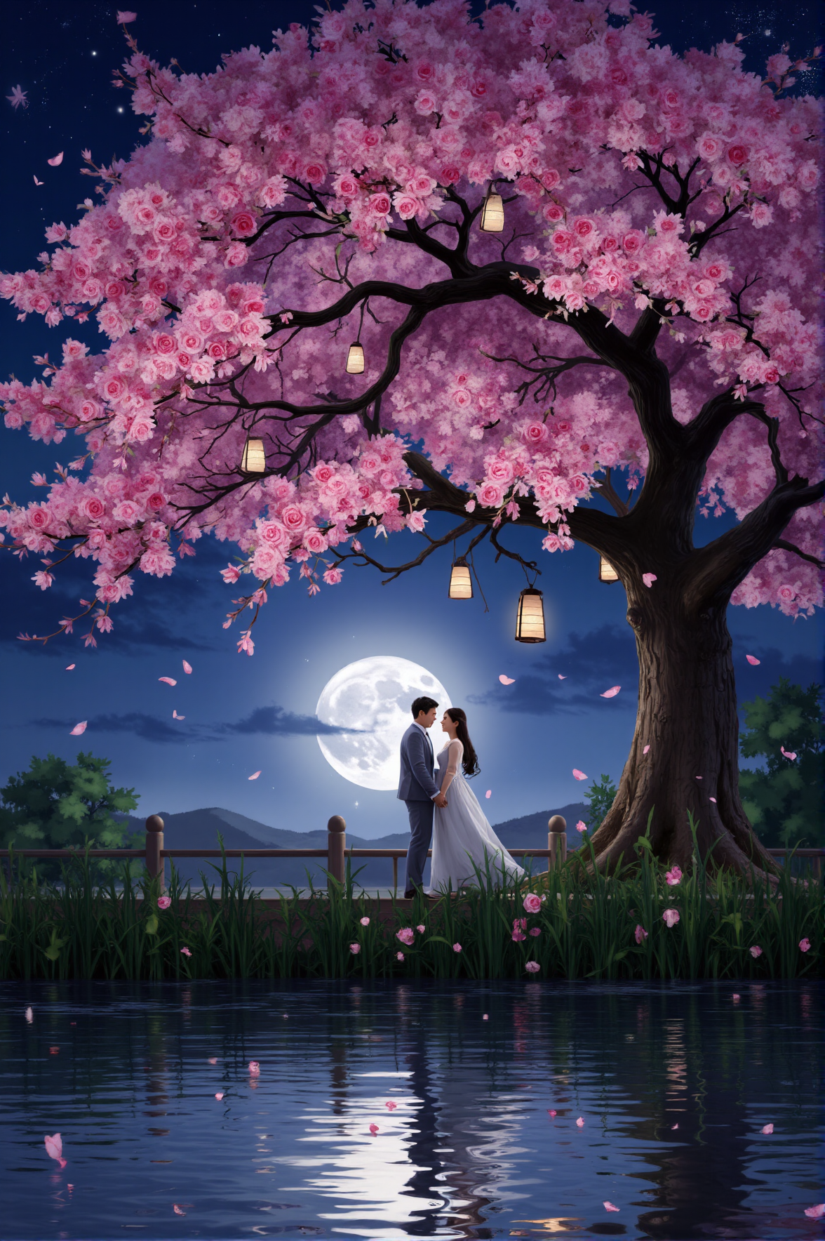 Beneath an ancient cherry blossom tree, petals rain gently around a couple sharing a quiet moment under the full moonâs glow. Lanterns dangle from delicate branches, illuminating their intertwined fingers as a gentle breeze carries the fragrance of spring. The rippling reflection of blossoms on the lake mirrors the beauty of their love.
<lora:ethereal-romantic-glow-flux:1>