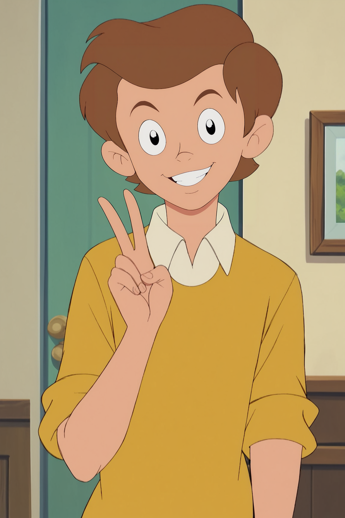 score_9, score_8_up, score_7_up, score_6_up, BREAK, TommySPLXL, retro artstyle, black eyes, brown hair, short hair, male child, pectorals, white collar shirt, yellow shirt, sleeves rolled up, solo, front view, peace sign, (portrait, upper body), solo focus, seductive smile, looking at viewer, indoors <lora:TommySPLXL:1>