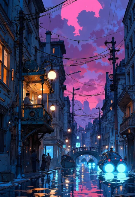 A high-tech cyberpunk waterfront, where neon lights illuminate the vibrant, futuristic cityscape. The sky glows with deep purples and hot pinks, reflecting off the sleek, glassy water. A floating neon marketplace replaces the rustic cabin, its holographic signs flickering with electric blue and magenta. The rowboats are replaced by sleek hovercrafts, glowing with neon underlights, bobbing along the luminescent waves. The air hums with energy, creating a world that feels alive, dynamic, and pulsing with mystery.
Anime art, VibrantlySharp style.