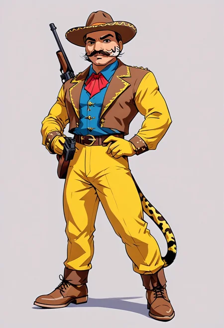 4K,masterpiece,full body,style of 80scartoon,SMheroes style,flat colors,vibrant colors,bright colors,
feline_hybrid,Ocelot,(charro:1.3),face of an Ocelot,animal face,cat eyes,(looking to the side:1.4),(brown moustache:2),red suit,yellow trimmings,suede shoes,sombrero,holding gun,(tmmygn:1.5),