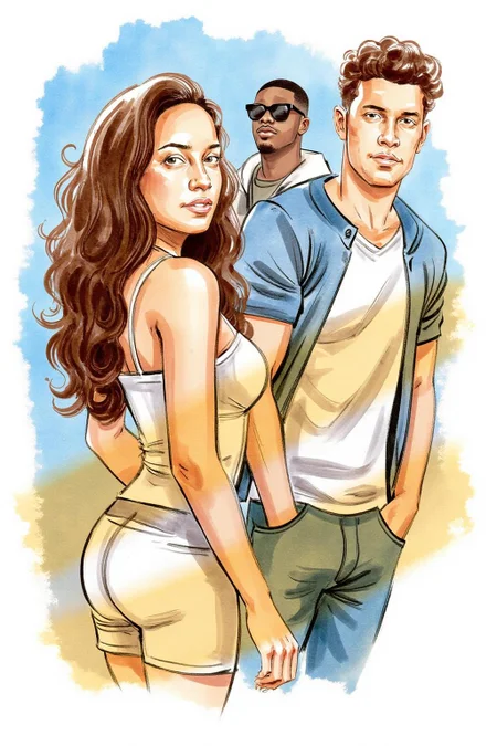 watercolor illustration.
Two men and a woman are in a scene set against a gradient background transitioning from light blue to yellow, giving an impression of a sunny day. In the foreground, a woman with long, curly brown hair cascading down her back, is shown in side profile view, turning her head to look directly at the viewer. On the right is a young man with curly hair and muscular build. Behind them is a black man with short trimmed hair, wearing sunglasses. <lora:watercolor.comic1_cap_d6a3:1.0><lora:830629478280663029:0>