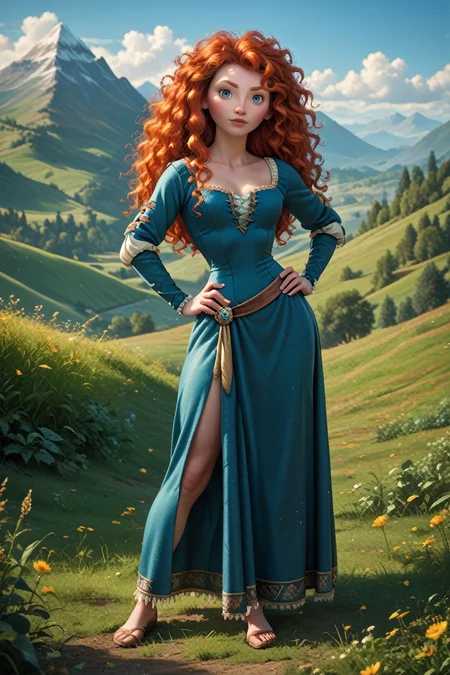 score_9, score_8_up, score_7_up,
<lora:DisneyMerida:0.8>
DisneyMerida, 1girl, red hair, long hair, looking at viewer, hands on hips, mountains, field, full body