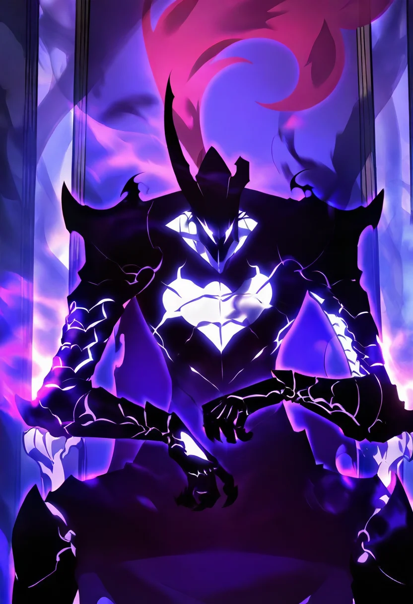 8K, depth of field, focused subject, best quality, <lora:solo_leveling_by_readandsign_fin-000014:1>,
rf64u, igris, shadow knight 1boy, ghost knight, long red hair, ponytale, black and violet glow, monster, looking at viewer, sitting, weapon, horns, no humans, glowing, shoulder armor, gauntlets, glowing eyes, aura, purple theme, knight, full armor, throne, black armor, ghost knight igris