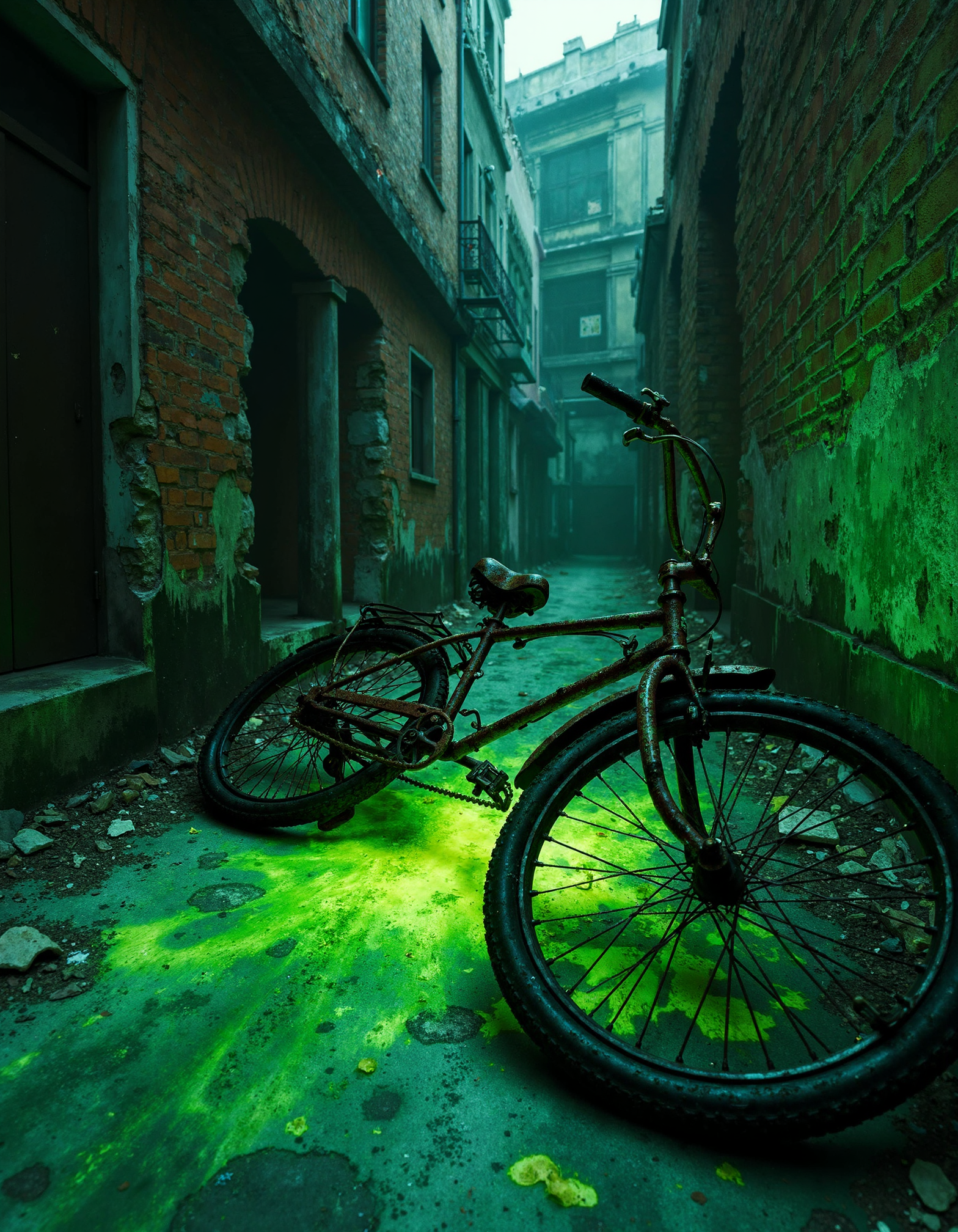 zavy-psnglw, Low-angle view of a desolate urban alley, a rusted bicycle abandoned on the ground glowing with a sickly green luminescence, crumbling brick walls and scattered debris casting eerie shadows, gritty noir style with sharp contrasts and high grain, monochromatic tones punctuated by vivid poison green.
