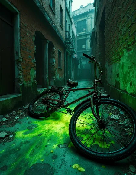 zavy-psnglw, Low-angle view of a desolate urban alley, a rusted bicycle abandoned on the ground glowing with a sickly green luminescence, crumbling brick walls and scattered debris casting eerie shadows, gritty noir style with sharp contrasts and high grain, monochromatic tones punctuated by vivid poison green.