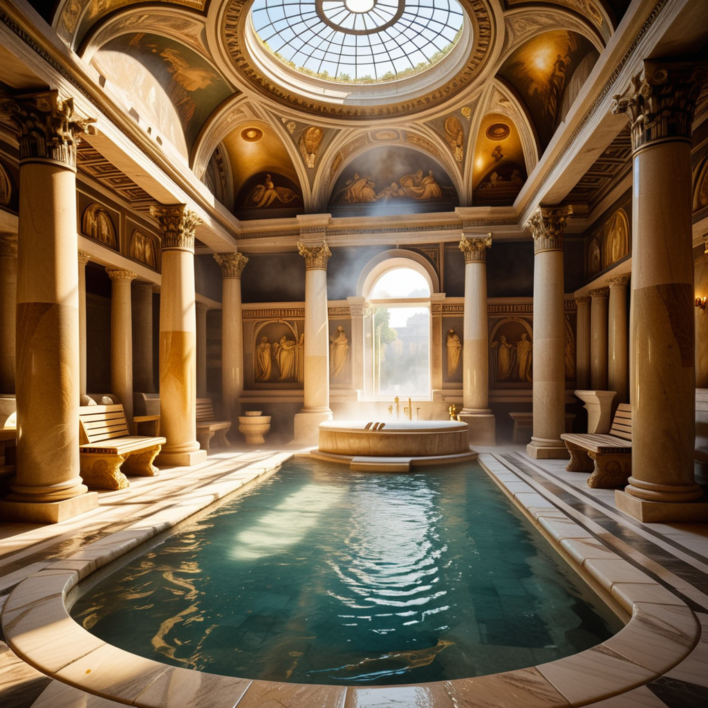 A highly detailed and realistic photograph of an ancient Roman sauna (thermae) from the time of Caesar, featuring grand marble architecture with intricate carvings and columns. The central bath is filled with steaming water, surrounded by polished marble tiles and mosaics depicting mythological scenes. The room is illuminated by natural light streaming through small openings in the high, domed ceiling, creating soft shadows and reflections on the water's surface. The atmosphere is hazy from the steam, and a few individuals dressed in Roman togas and tunics can be seen reclining on benches or chatting near the bath. The overall color palette includes shades of white, gold, and earthy tones, emphasizing the luxurious and serene environment.<lora:SDXLFaeTastic2400:0.4> <lora:extremely_detailed:0.4> extremely detailed, Masterpiece,best quality,hi res,8k,hi res,8k,award winning,(sharp focus, intricate, highly detailed),