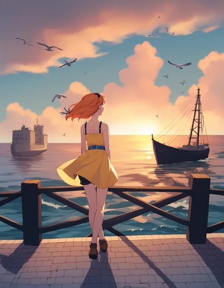 score_9, score_8_up, score_7_up <lora:aika-arcadia-ponyxl-000035:1> aika, short dress, yellow dress, blue belt, short shorts, black shorts,
arms behind back, bird, blue sky, bush, cloud, looking up, ocean, river, fence, lamppost, ocean, outdoors, pastel colors, wind, seagull, shadow, sky, sunset, wall, orange sky, clouds, godrays, sunbeams, sunset, overlooking ocean, bridge, steam, boats, cobblestone, bricks