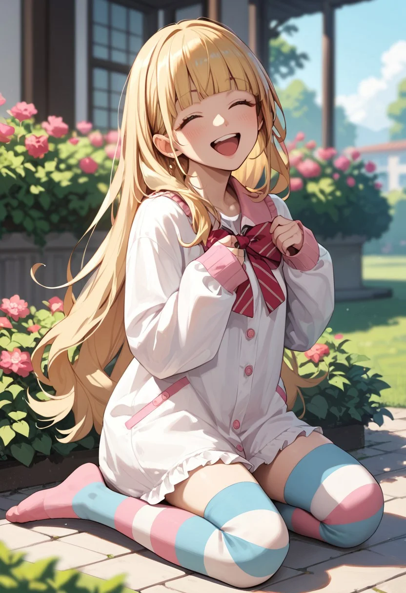 score_9, score_8_up, score_7_up, score_6_up, score_9, score_8_up, Sana Kashimura, 1girl, blonde hair, blunt bangs, full body, long hair, pantyhose, sleeves past wrists, joyful laugh, solo, striped, striped legwear, kneeling, very long hair, blurry garden background.
