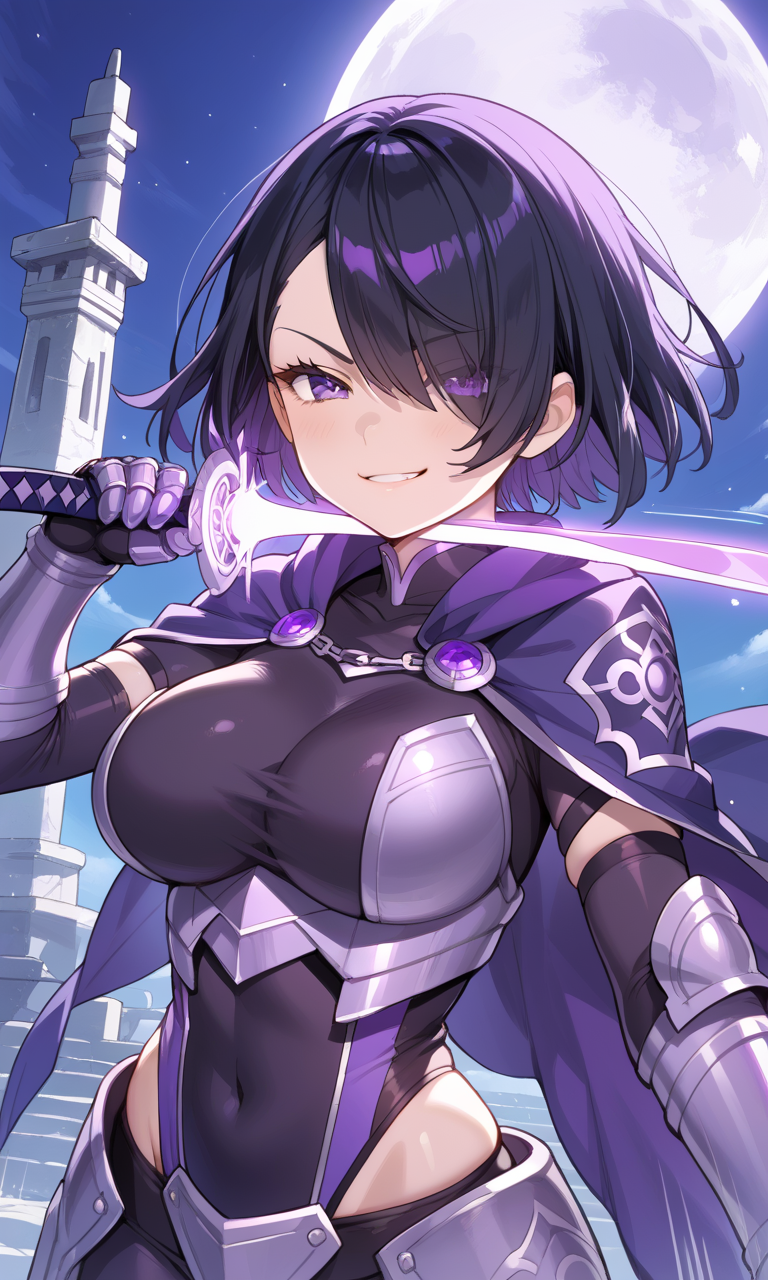 score_9, score_8_up, score_7_up, source_anime, official art, BREAK, (dynamic angle, dynamic pose, face focus, portrait, motion blur, motion lines:1.2), 1girl, (smug:1.2), large breasts, wide hips, short black hair with sideswept bangs, purple eyes, hair over one eye, hand gripping glowing thin sword, skindentation purple bodysuit, glowing purple cape, armored detailed purple gauntlets, overgrown stone temple, purple night sky with moon
